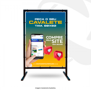 Cavalete 1 Base - 60x92cm Estrutura Metalon com pintura eletrostática (alta durabilidade) Estrutura Tam. 92x60cm / Lona Tam. 52x72cm 4x0 ou 4x4  Lona Impressa com ilhós Lona com proteção Verniz UV (alta resistência a sol e chuva e maior definição de cores)