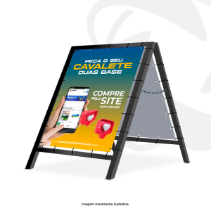 Cavalete 2 Base - 80x100cm Estrutura Metalon com pintura eletrostática (alta durabilidade) Estrutura Tam. 80x100cm / Lona Tam. 74x84cm 4x4  Lona Impressa com ilhós ou tensionada Lona com proteção Verniz UV (alta resistência a sol e chuva e maior definição de cores)